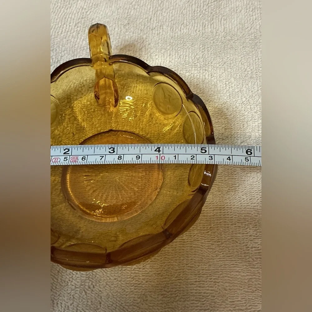 Fostoria Amber Coin Nappy Dish Glass 1887 Liberty Eagle Torch Pattern Handle Vtg